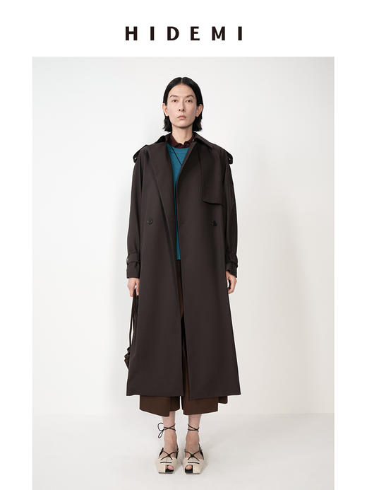 HIDEMI 咖色可机洗精纺羊毛极简立裁设计感搭片式可拆卸腰带肩章款长款风衣 商品图3