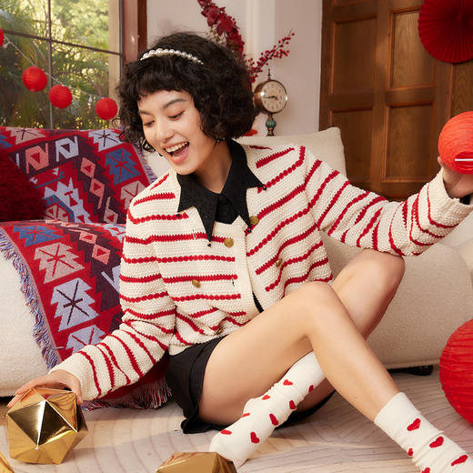 谜底条纹针织衫女2024春季新款百搭圆领双排扣针织开衫241MZ0316 商品图2