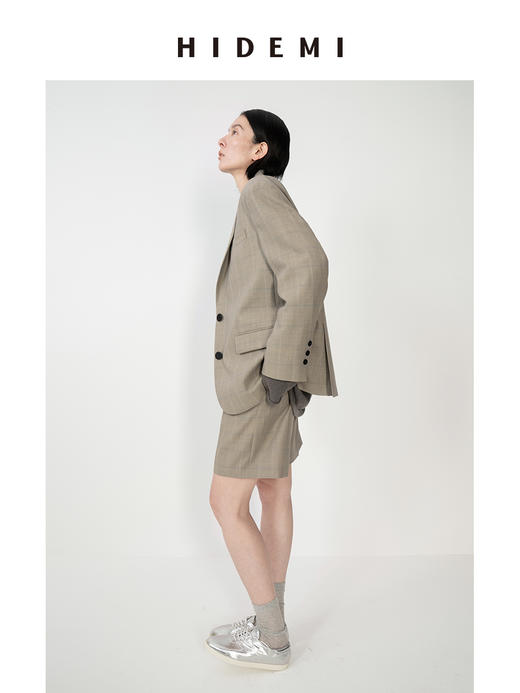 HIDEMI羊毛经典简约翻领色织格纹西装/压褶中裤 商品图2