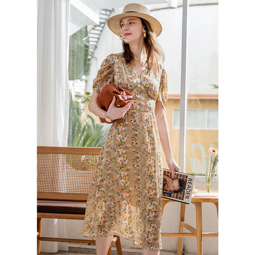 欧芮儿短袖碎花雪纺连衣裙女2020新款夏季气质显瘦收腰中长款A字 商品图2