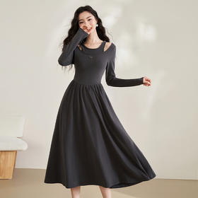 气质优雅假两件镂空长袖连衣裙春季新款亲肤软糯针织长裙V0140101