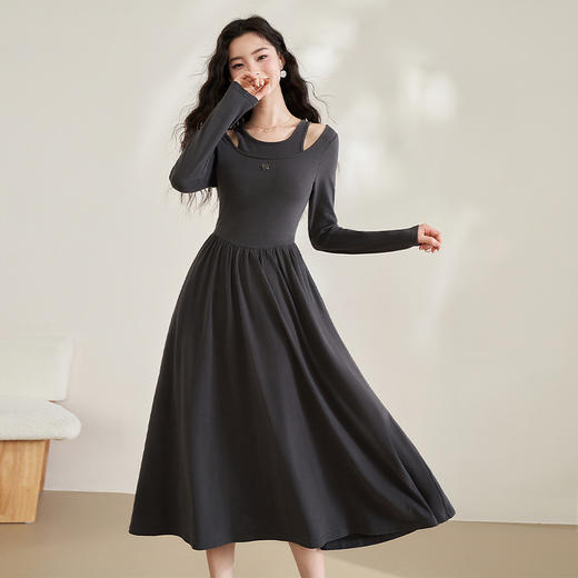 气质优雅假两件镂空长袖连衣裙春季新款亲肤软糯针织长裙V0140101 商品图0