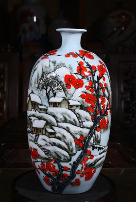高温颜色釉堆画千里冰霜脚下踩赏瓶