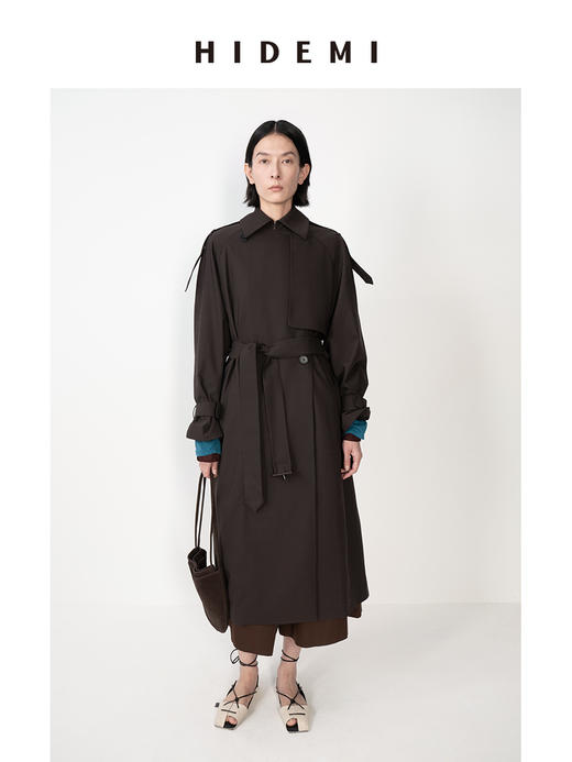 HIDEMI 咖色可机洗精纺羊毛极简立裁设计感搭片式可拆卸腰带肩章款长款风衣 商品图8