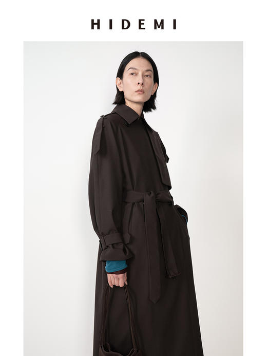 HIDEMI 咖色可机洗精纺羊毛极简立裁设计感搭片式可拆卸腰带肩章款长款风衣 商品图1