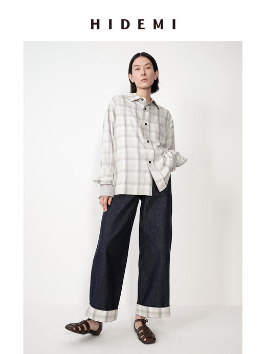 HIDEMI 浅灰系格纹口袋廓形极简宽松版衬衫 商品图1
