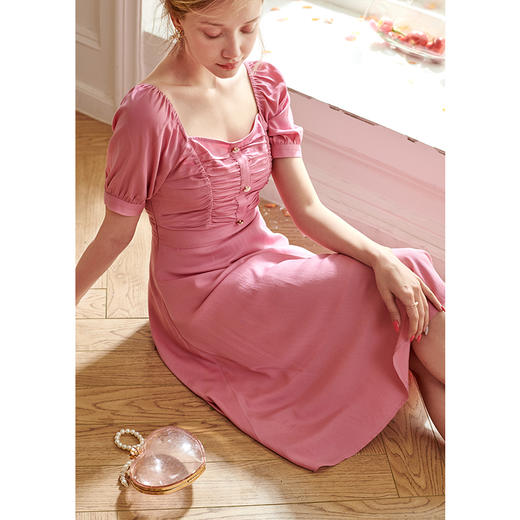 欧芮儿2020夏装新款方领短袖连衣裙女中长收腰显瘦气质粉色A字裙 商品图1