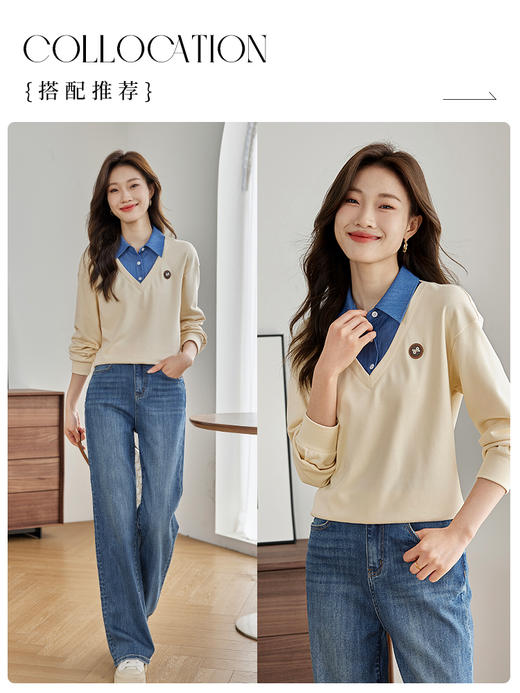 【年终特卖】熙世界假两件撞色POLO领卫衣小众设计长袖套头上衣2025春装新款 商品图3