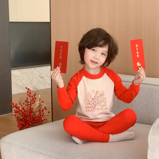 龙年【儿童本命年 德绒保暖套装】男童大红无骨秋衣秋裤 新年睡衣 家居服 商品图6