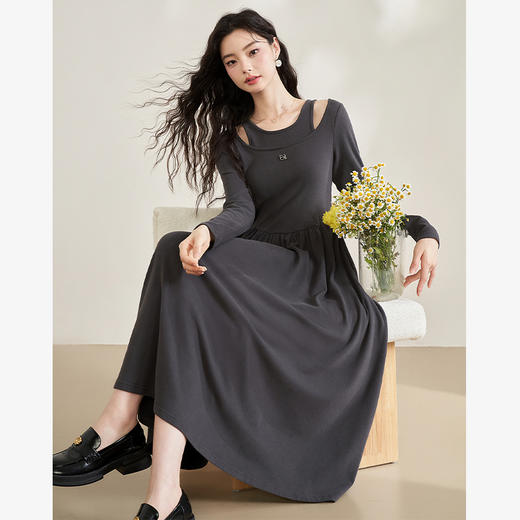 气质优雅假两件镂空长袖连衣裙春季新款亲肤软糯针织长裙V0140101 商品图2