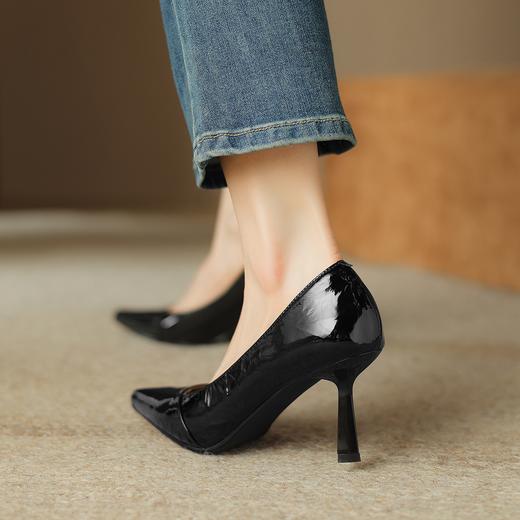 阿么手工女鞋百搭细跟漆皮高跟鞋软底7.5CM不累脚尖头单鞋女浅口 商品图2