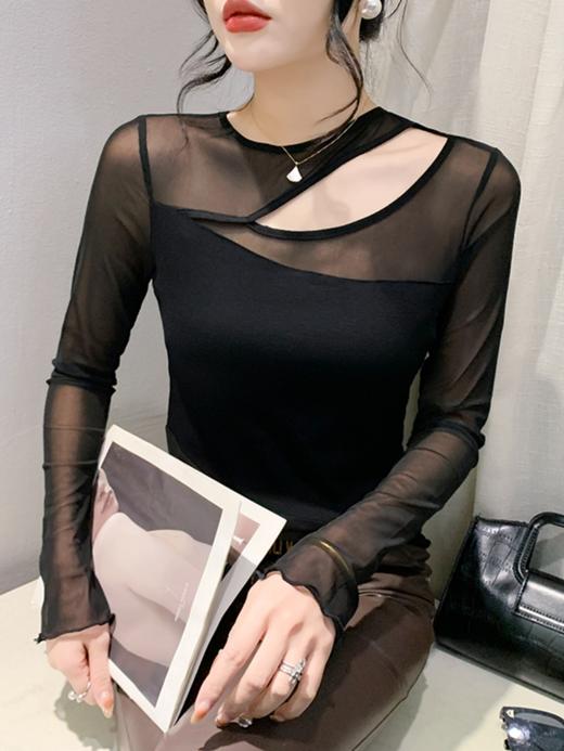 MZ-14115欧货性感镂空网纱T恤女长袖春季设计感洋气上衣内搭显瘦打底衫 商品图1