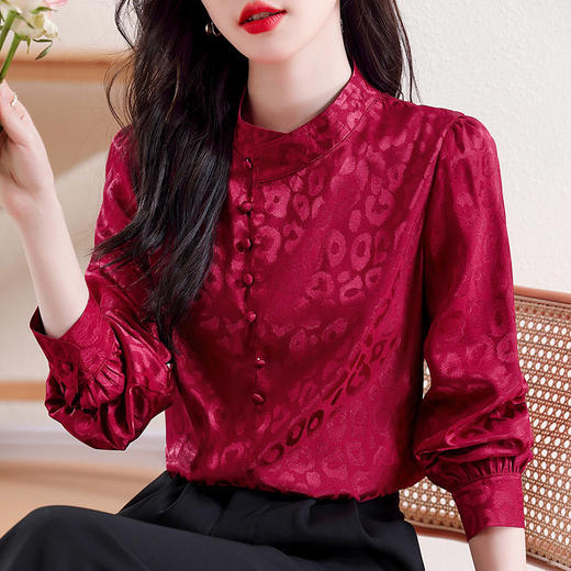 醋酸缎面长袖打底衬衫气质立领红色上衣KQL-B12N9087 商品图0