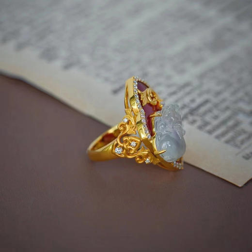 龢盒原创 高冰翡翠大貔貅红玛瑙新年招财戒指 商品图2