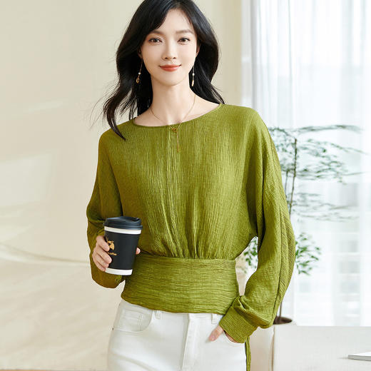 米思阳2026春季新款优雅别致肌理感衬衫蝴蝶结修身绿色上衣女0460 商品图1