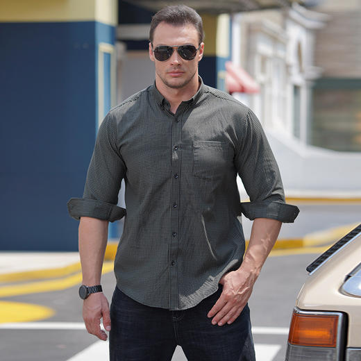 【新款DM】大依优型大码格子长袖衬衫加肥加大男装免烫大号纯色大码衬衣上衣男士绅士商务休闲 商品图0