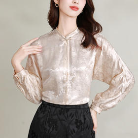 KQL-1835新中式国风女装短款上衣2024春季高级感长袖立领气质桑蚕丝衬衫
