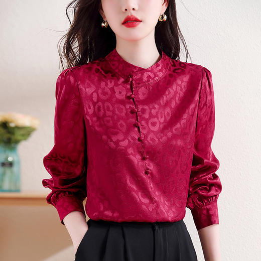 醋酸缎面长袖打底衬衫气质立领红色上衣KQL-B12N9087 商品图3