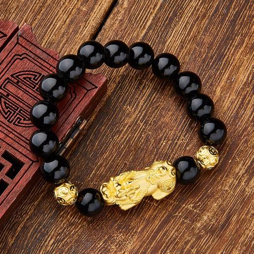 【限时克减150元】足金 3D硬金蝴蝶结貔貅双珠黑玛瑙弹力成品手串(AA3DSC00016)预售产品下单后不退款不退货不换货不补差价 商品图0