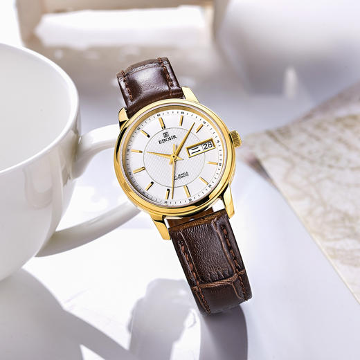 依波表EBOHR 时尚闪耀机械表双日历金色女士腕表3008 商品图3