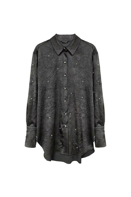 定位钻缎面褶皱宽松黑衬衣 商品图0