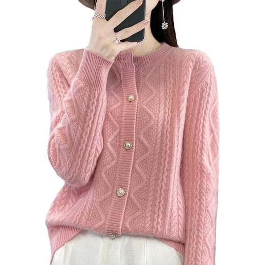 MZ-14123春季新款温柔系奶高级感圆领麻花毛衣外套长袖针织开衫女上衣 商品图4