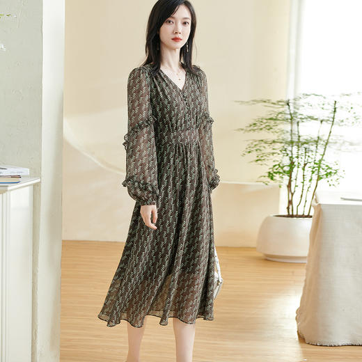 剩S/M 米思阳2026春季新款别致高级感印花连衣裙修身收腰v领裙子女0320 商品图1