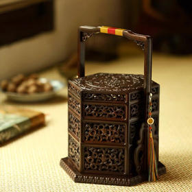 西番莲卷草纹°紫光檀六角提盒