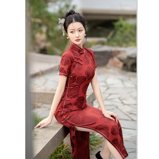老上海复古国风婚宴旗袍2024春夏新款烂花俏长款短袖旗袍裙GX-788334 商品图2