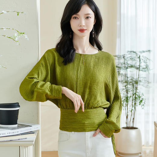 米思阳2026春季新款优雅别致肌理感衬衫蝴蝶结修身绿色上衣女0460 商品图3