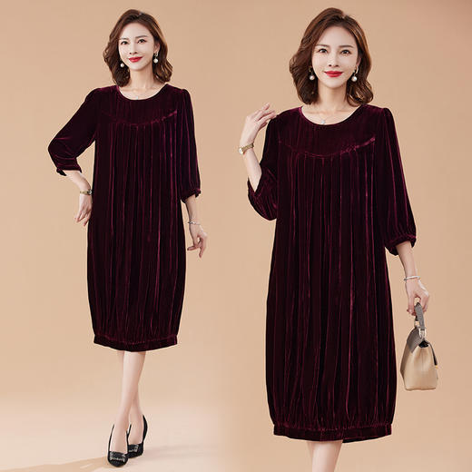 百搭显瘦，通勤七分袖中长款真丝植绒大码连衣裙HR-JILIYA2337 商品图0