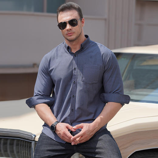 【新款DM】大依优型大码格子长袖衬衫加肥加大男装免烫大号纯色大码衬衣上衣男士绅士商务休闲 商品图3