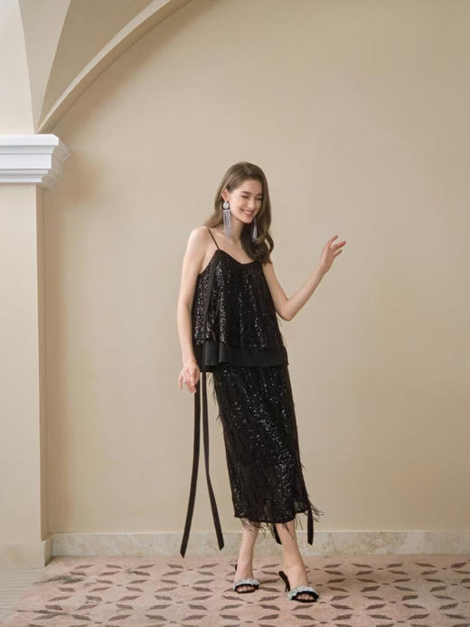 黑色银河亮片鸵鸟毛直筒半裙 商品图1