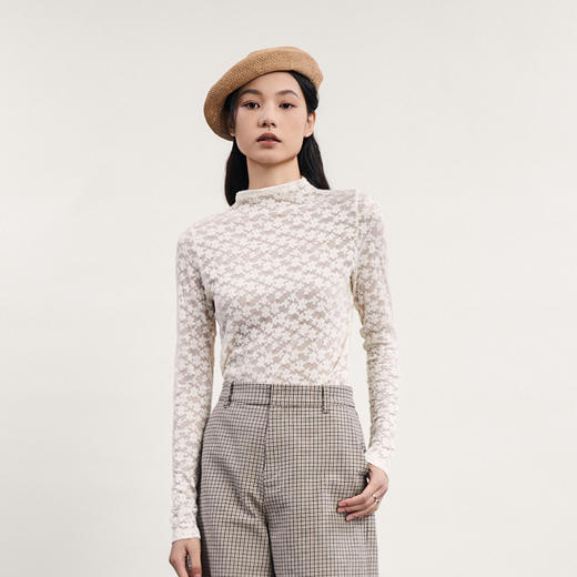 谜底修身T恤长袖女2024春新款时尚气质提花透视叠穿上衣241MT0052 商品图0