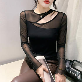 MZ-14115欧货性感镂空网纱T恤女长袖春季设计感洋气上衣内搭显瘦打底衫