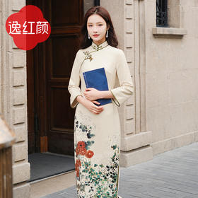 上海逸红颜念初2026年冬季新款弹力针织旗袍改良版连衣裙女书卷风