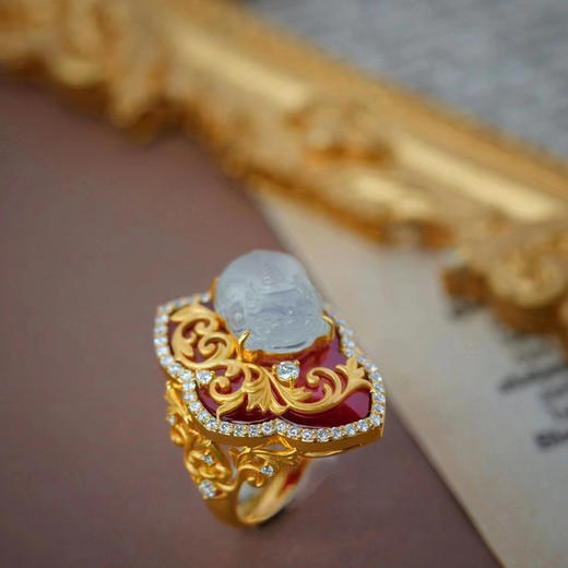 龢盒原创 高冰翡翠大貔貅红玛瑙新年招财戒指 商品图5