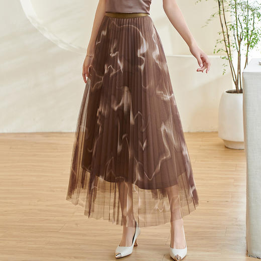 复古气质印花半身裙网纱百褶修身a字裙女0110 商品图1