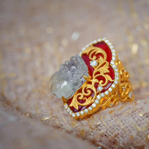 龢盒原创 高冰翡翠大貔貅红玛瑙新年招财戒指 商品图1