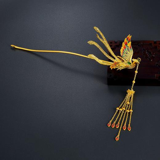 【限时克减150元】足金999 #婚庆 古法花丝珐琅凤凰于飞流苏发簪凤簪婚嫁头饰金步摇凤钗(钗约2.2mm实心)(YGFTS00003)（预售产品下单后不退款不退货不换货不补差价） 商品图1