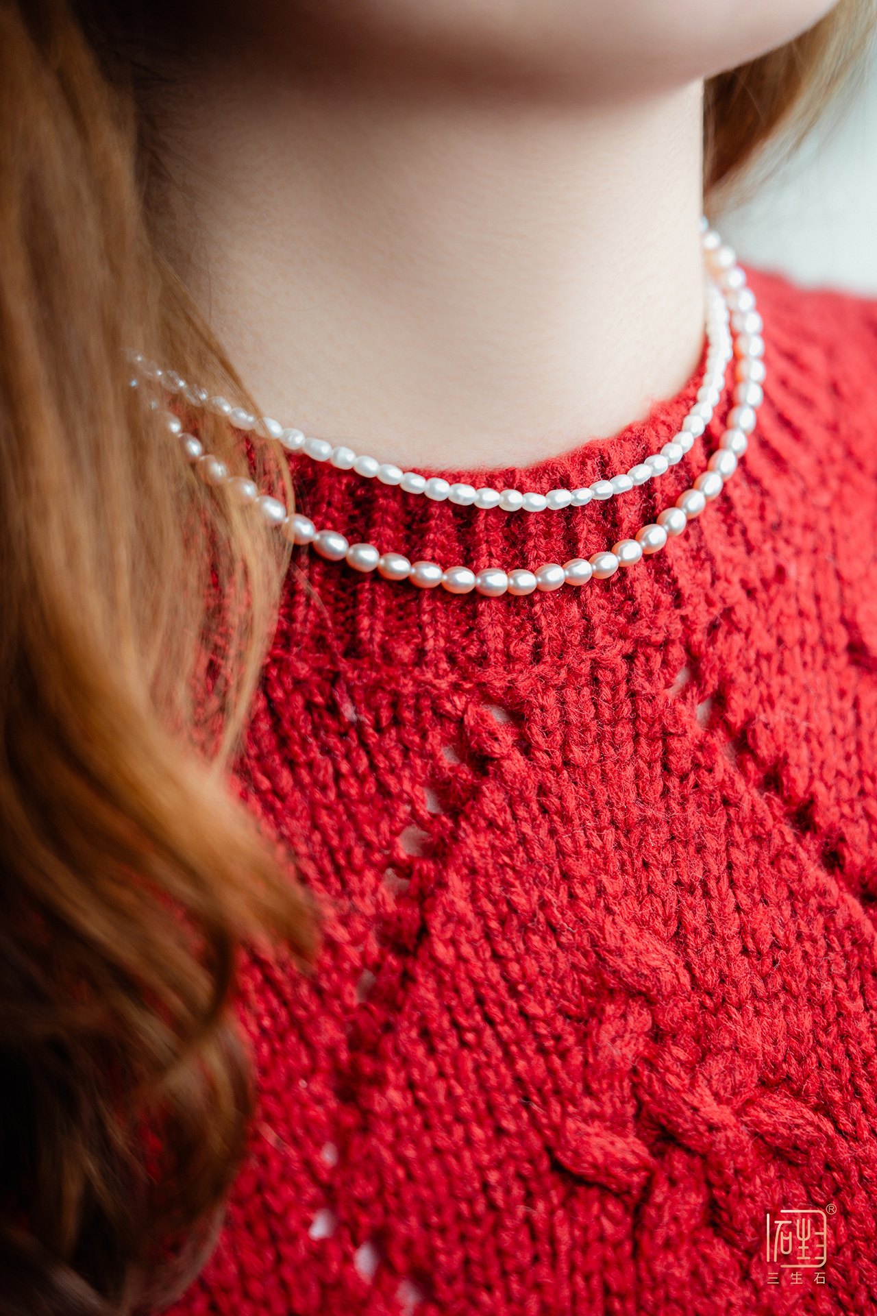 天然粉白米珠双层设计多用链