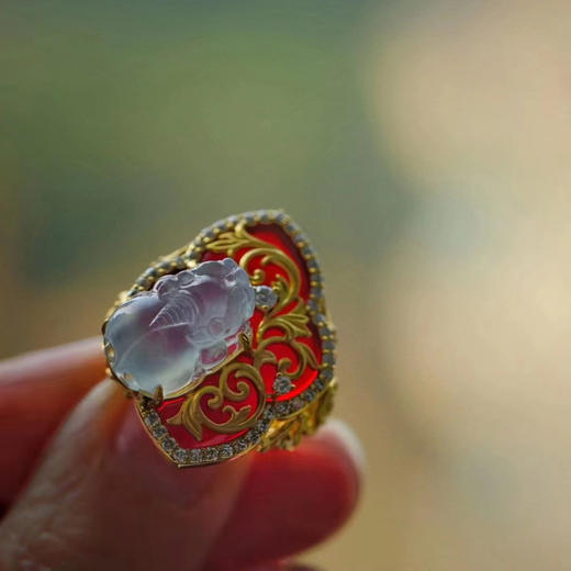 龢盒原创 高冰翡翠大貔貅红玛瑙新年招财戒指 商品图3