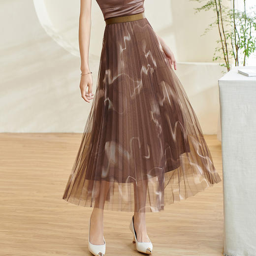 复古气质印花半身裙网纱百褶修身a字裙女0110 商品图0