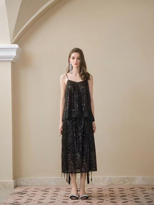 黑色银河亮片鸵鸟毛直筒半裙 商品图0