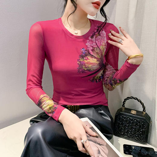 MZ-14120春季新款印花网纱定位t恤女时尚修身打底衫圆领修身长袖上衣 商品图3