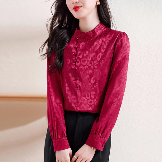 醋酸缎面长袖打底衬衫气质立领红色上衣KQL-B12N9087 商品图2