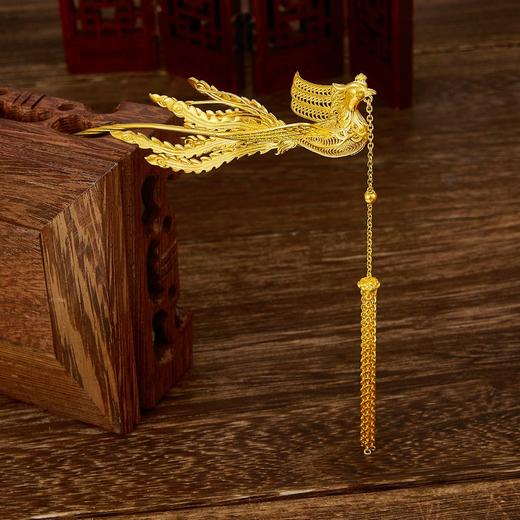 【限时克减150元】足金999 #婚庆 古法凤凰于飞流苏发簪凤簪婚嫁头饰金步摇凤钗(YGFTS00001-1)（预售产品下单后不退款不退货不换货不补差价） 商品图0