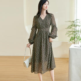 剩S/M 米思阳2026春季新款别致高级感印花连衣裙修身收腰v领裙子女0320
