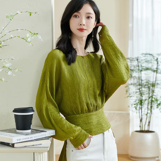 米思阳2026春季新款优雅别致肌理感衬衫蝴蝶结修身绿色上衣女0460 商品图2