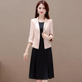 QYMXYKL-2301-L 2023年秋款简约中长款时尚内搭连衣裙七分袖修身小西装外套两件套